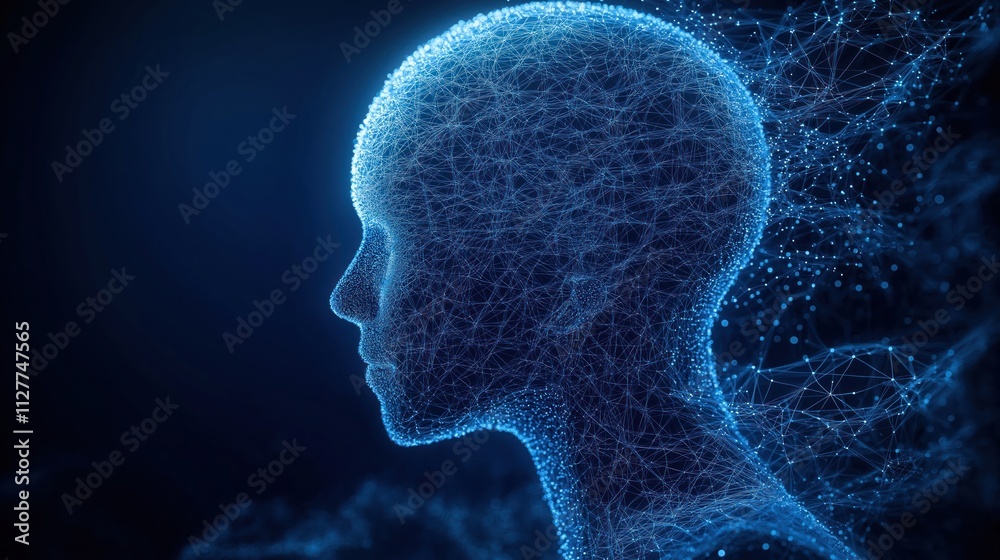 Poster Digital illustration shows futuristic human face. AI concept. Networked structure. Glowing points. Dark background. Cybernetic connection. Abstract representation of future tech. Modern visualization