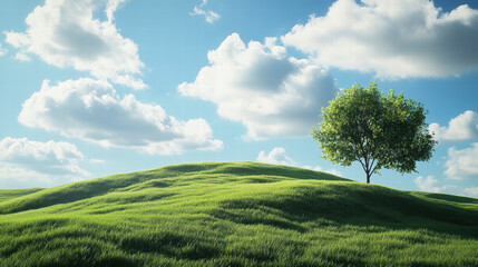 Obraz premium A single tree on the grassy hill, blue sky background, green color tone, 3D rendering