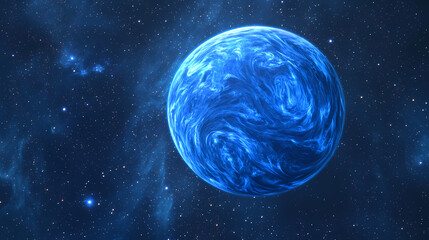 A blue planet with swirling clouds, lit by stars in a vast, dark, nebulous space. Nebulous. Illustration