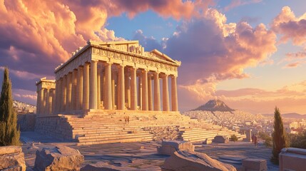 Fototapeta premium Sunset over Athenian Acropolis, ancient temple, city.