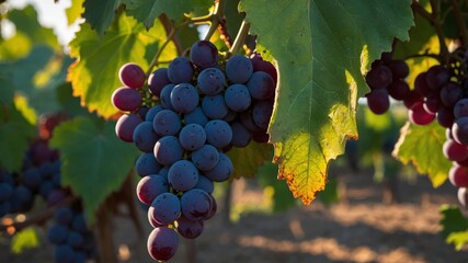 Fototapeta premium Red wine grapes growing in a sunny vineyard