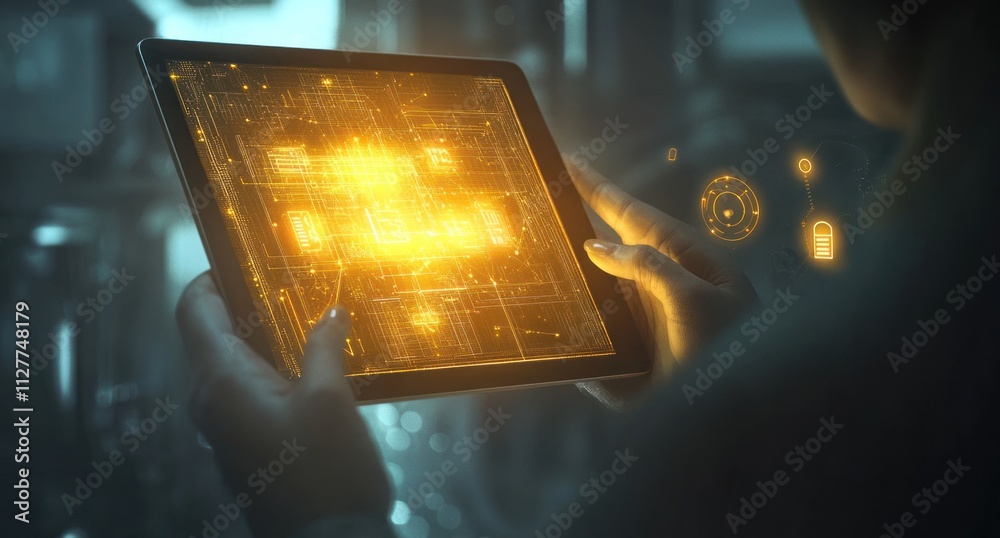Poster Person using tablet with futuristic interface.