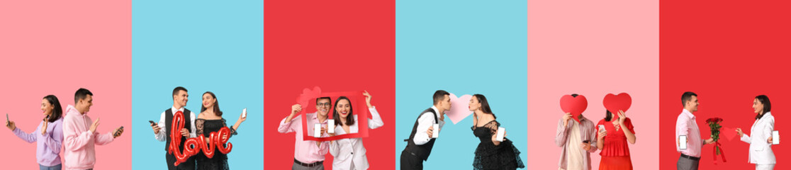 Set of young couples with smartphones on color background. Online dating