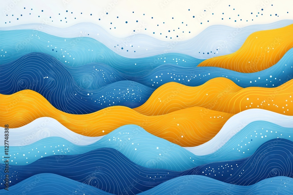 Aufkleber Seamless pattern with layers of wavy lines. Blue, yellow waves repeat in rhythmic pattern. Soft pastel colors create tranquil, calming effect. Design decorative aesthetic. Suitable for wallpapers,