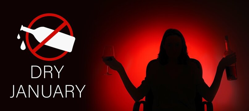 Silhouette of woman with alcohol on color background. Banner for Dry January