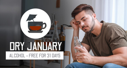 Young man with addiction to alcohol drinking beer at home