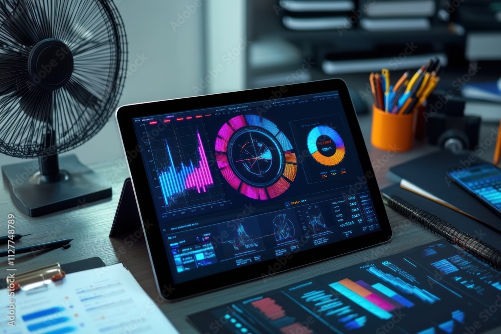 Aufkleber Data analytics dashboard on tablet screen, charts and graphs displayed.