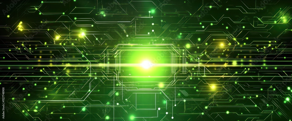 Poster abstract green circuit board with glowing core.