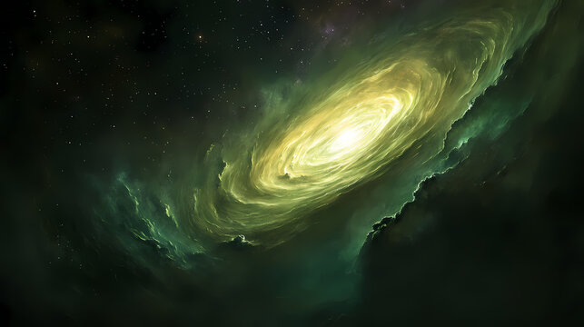 A cosmic swirl of nebulous clouds, with vibrant greens and purples, revealing a distant star system in the center. Nebulous. Illustration