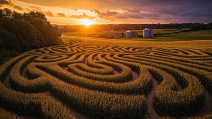 A high angle view of a meticulously designed corn maze at sunset, its golden stalks glowing in the warm light, with a distant farmhouse and silos visible in the background