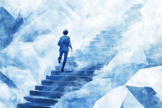 氷の階段を必死に駆け上がる若い男性・就職氷河期世代で苦しい就職活動をした世代をイメージする画像