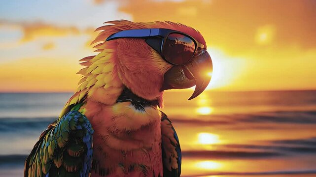 Colorful parrot in sunglasses enjoying tropical sunset at beach, surrounded by vibrant ocean and stunning scenery.