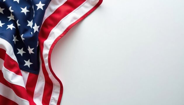 American flag on white background. Folded flag shows national colors. Top view provides ample copy space. Perfect for patriotic themes or holiday celebrations. Represents national pride of USA.