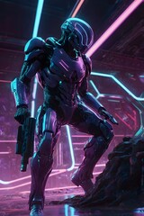 Naklejka premium A special forces agent from the planet Mars, clad in a sleek, futuristic black uniform, navigates a neon-drenched, sci-fi landscape. The atmosphere is a vibrant blend of synthwave and retro-futuristic