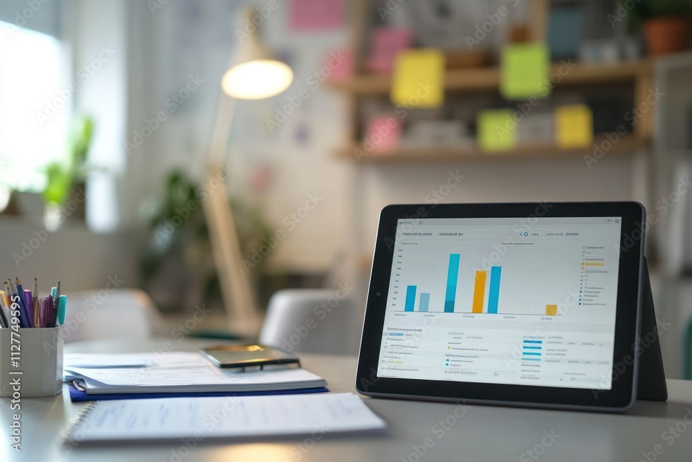 Poster Tablet displaying business graphs on a desk.