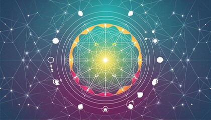 Abstract Sacred Geometry: A Stunning Representation of Cosmic Energy and Universal Patterns Through Vibrant Colors and Intricate Designs, Invoking a Sense of Spiritual Connection and Harmony