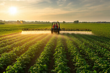 Fototapeta premium Futuristic technology-driven small homemade aircraft spraying chemicals and water over plantations, showcasing innovative agricultural automation and precision farming techniques