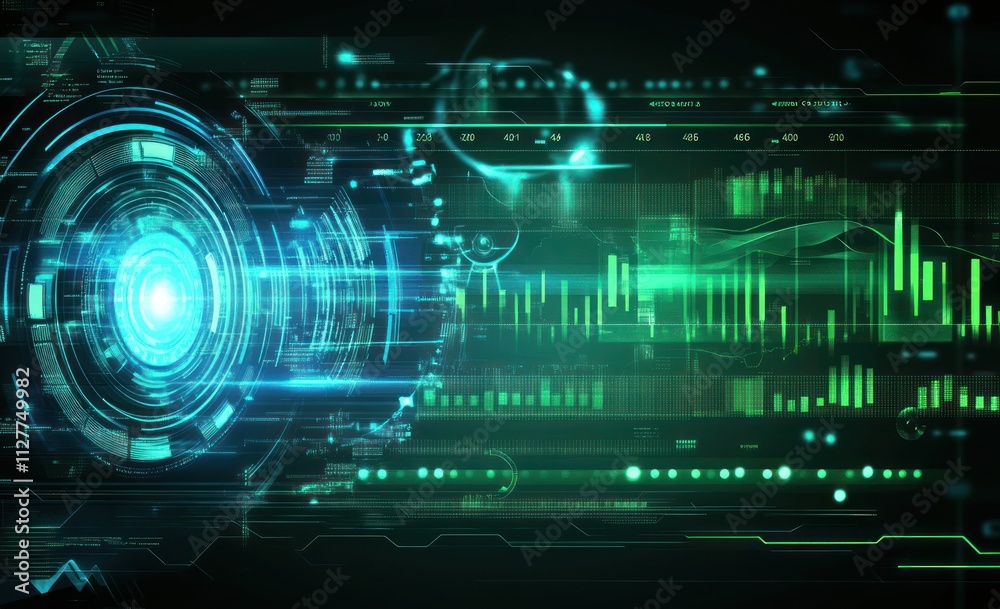 Poster Futuristic digital interface with glowing circles and data streams.