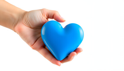 Obraz premium Hand holding blue heart, World health day, Health care and mental health concept, Health insurance, Charity volunteer donation, CSR responsibility, World heart day, Self love isolated with white hig