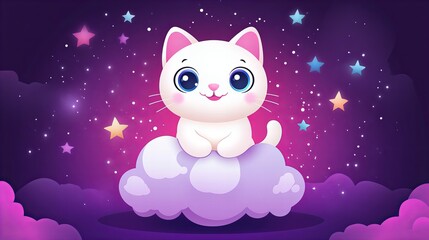 A cute cartoon white cat sitting on a fluffy cloud under a starry sky.