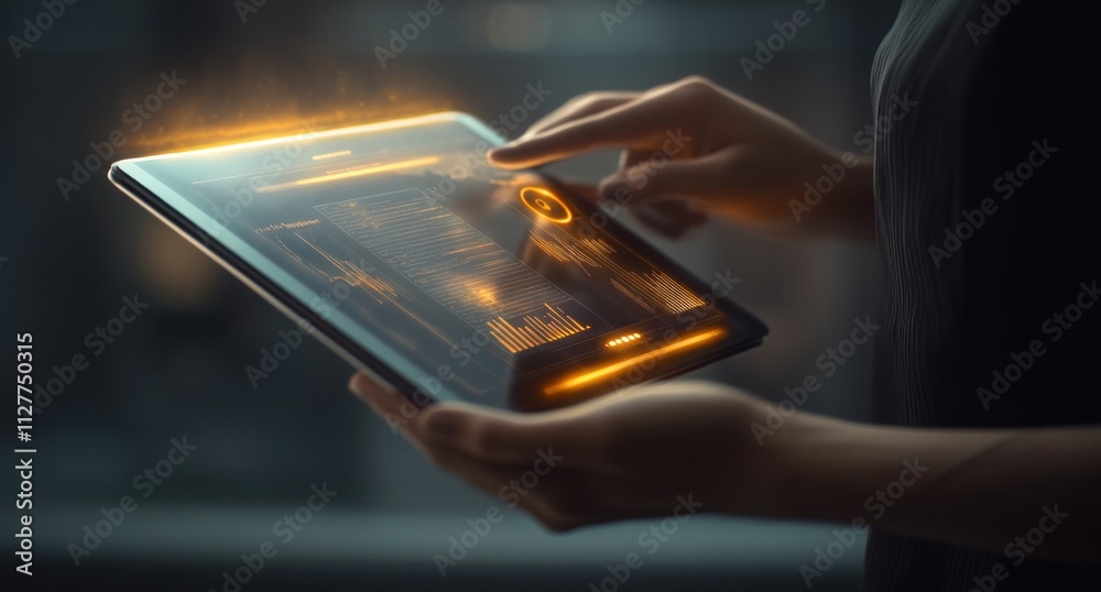 Poster woman using futuristic tablet displaying data.