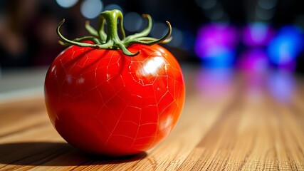 Lethal Temptation: Ripe Tomato in Spiderweb - AI Art, Food Photography, Still Life, Close-up, Intense, Color, Detail, Sharp Focus, High-Quality, Web, Red Tomato, Delicious, 