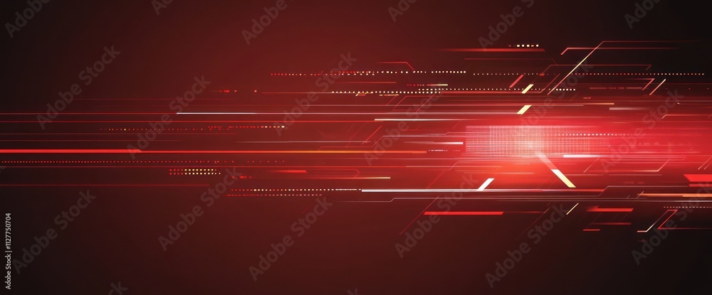 Poster Abstract red technology background with light streaks and digital elements.