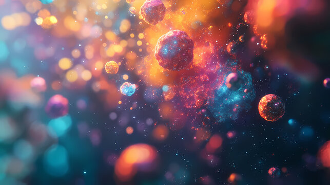 A stunning cosmic scene featuring glowing, colorful particles floating in a nebulous space, evoking a sense of wonder and mystery. Nebulous. Illustration