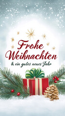 Obraz premium Frohe Weihnachten und ein gutes neues Jahr. Merry Christmas and a happy new year german text. Frosty scene, Natural Winter background with snow and lights, Panorama, banner, header for advertisement