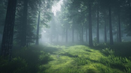 Fototapeta premium A serene forest scene with tall trees and soft sunlight filtering through the mist.