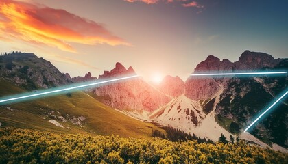 Obraz premium Abstract Vintage Mountain Landscape with Neon Lights: A Captivating Fusion of Nature and Retro Aesthetics, Perfect for Art Enthusiasts Seeking Unique Visual Experiences