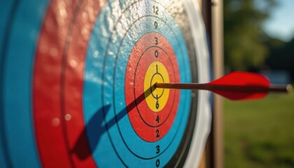 Perfect arrow shot in target center during archery practice outdoor. Focus on precision, skill. Good for sports, leisure photo stock. Outdoor activity in calm environment. Precise shot with red arrow