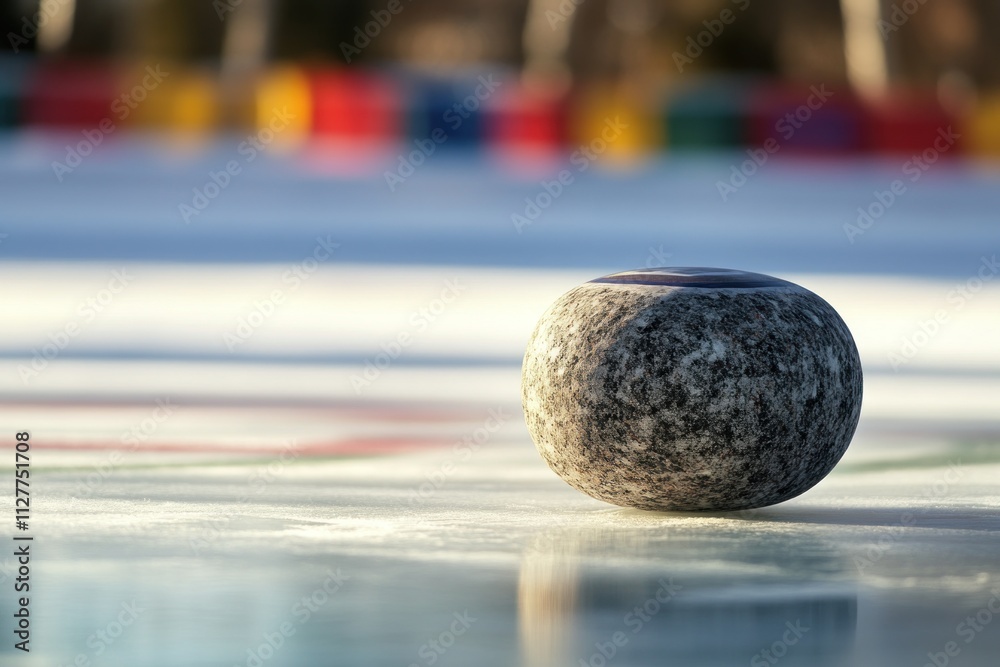 Poster Close-up of a granite curling stone on ice, with blurred background of colorful objects.