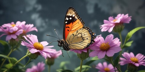Beautiful butterfly sipping nectar from a flower, serene, outdoor, flowers