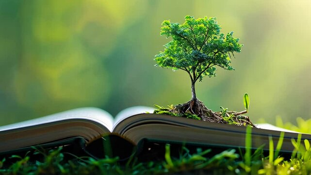 Tree growing from an open book on grassy surface, symbolizing knowledge and nature concept