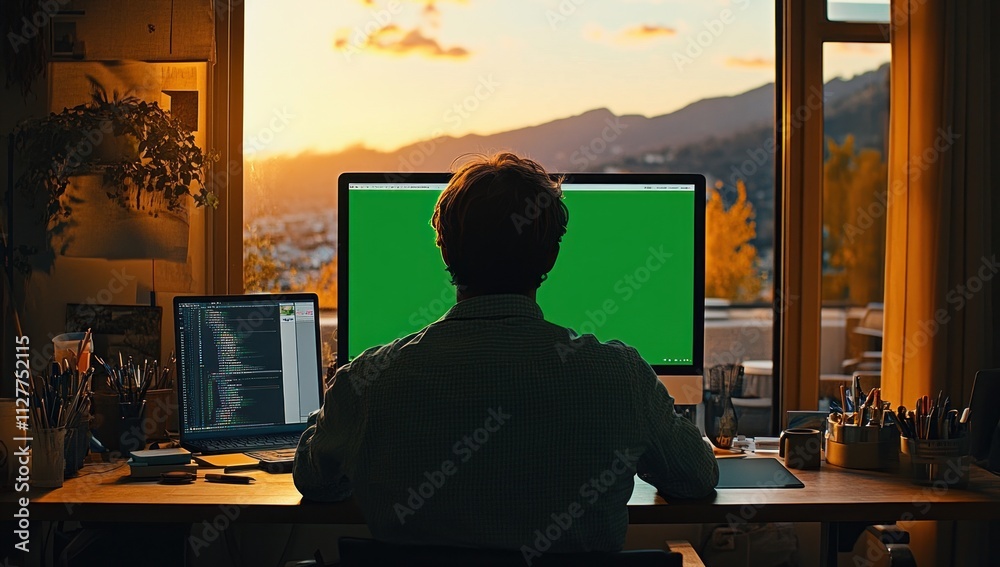 Aufkleber man working from home at sunset, facing green screen computer.