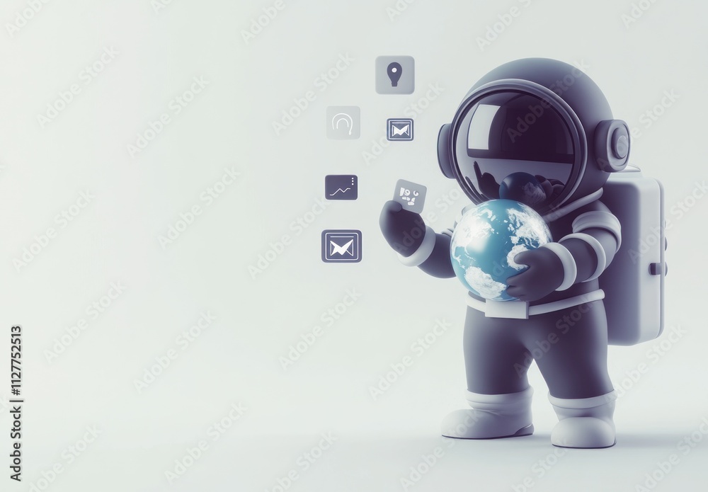Aufkleber astronaut holding earth, using digital interface.