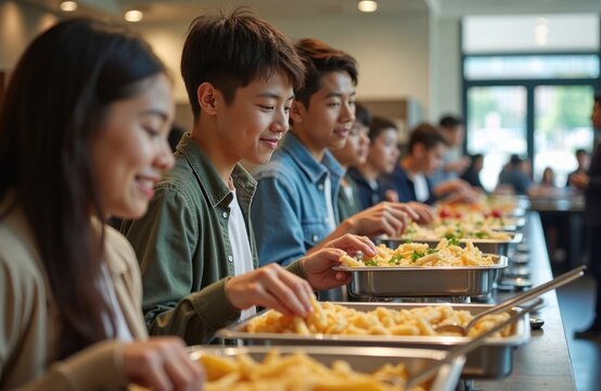Students happily taking lunch from buffet in school cafeteria. Many young people line up serving food. Enjoying school lunch. Food displayed in trays. Casual setting. School life.