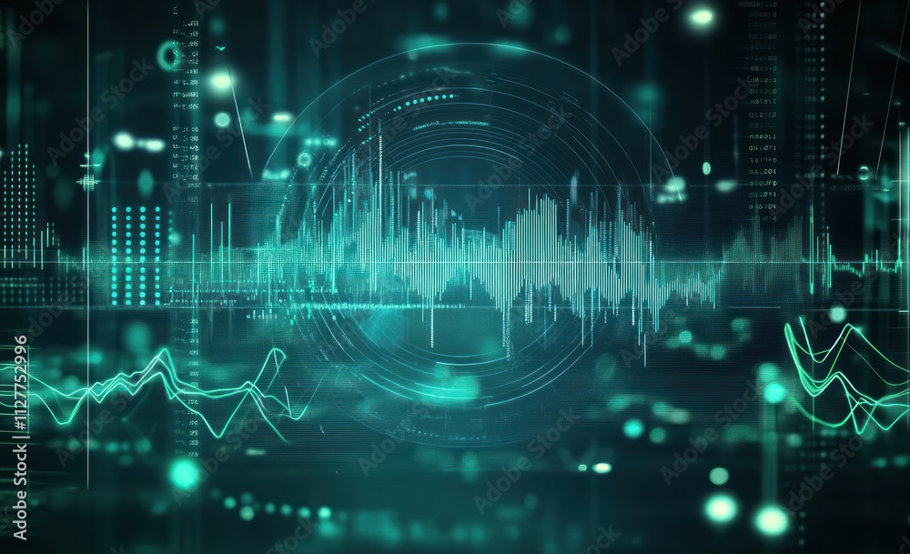 Leinwandbilder Abstract teal digital data visualization with waveforms and graphs.