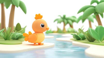 Cute cartoon chick by tropical river.