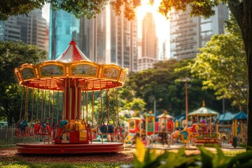 Carousel in city park playground with children playing, sunny day.