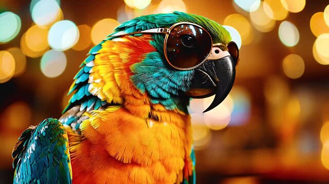 Vibrant tropical bird with colorful feathers and sunglasses, showcasing playful demeanor in lively setting.