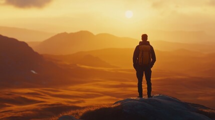 A silhouette of a man with a backpack standing on a rock, overlooking a sunset landscape.