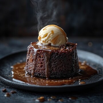 Steaming sticky toffee pudding topped with vanilla ice cream served on a plate, delicious dessert indulgence concept