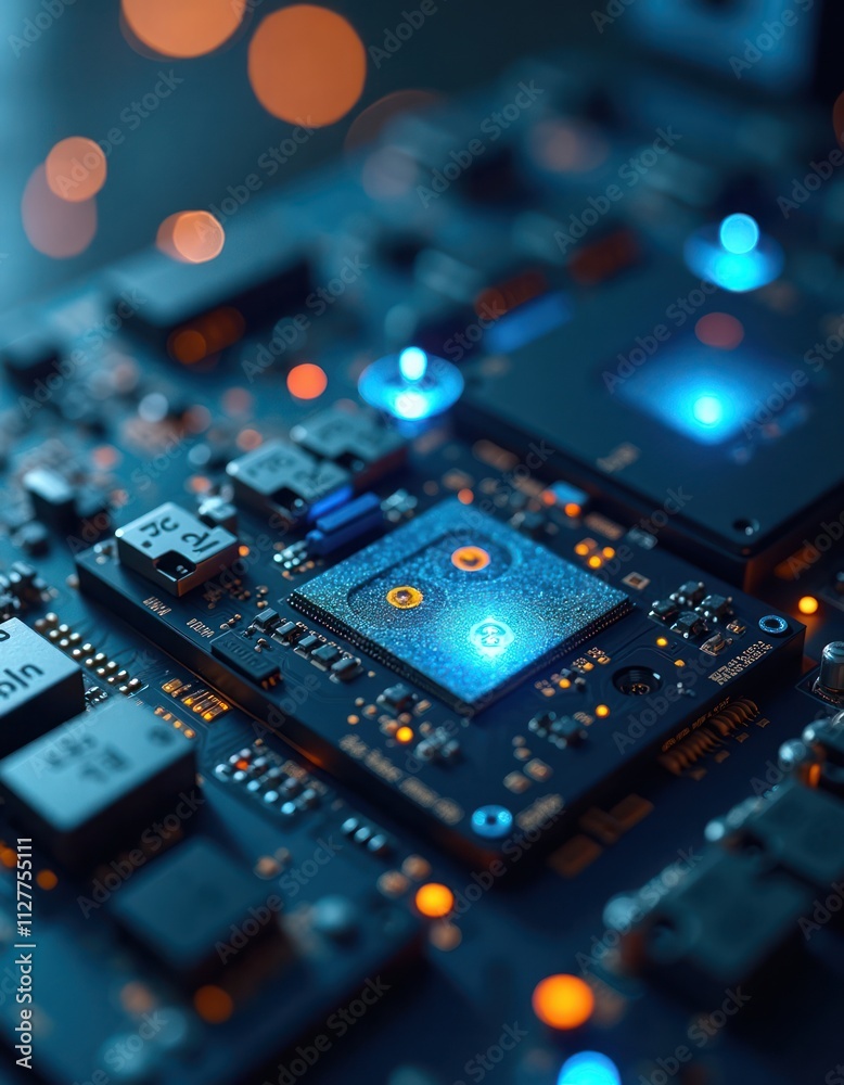 Poster close up detailed view of tech circuit board. advanced computer components visible. modern data reco