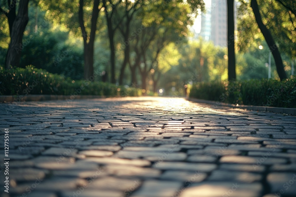 Poster Sunlit cobblestone path through a park.