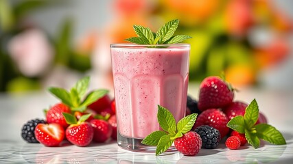 Pink Berry Smoothie with Mint - Refreshing Summer Drink AI Photo