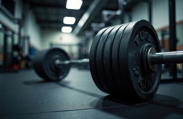 Fototapeta premium Loaded barbell rests on squat rack in gym. Dark gym setting. Weightlifting equipment. Strength training. Exercise equipment. Heavy weight plates. Focus on details of equipment. Bodybuilding.