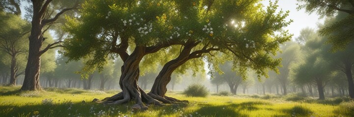 Obraz premium Autumn olive tree in full flower against a green summer forest, natural scenery, seasonal change , yellow flowers