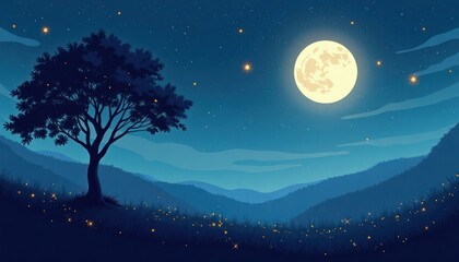 Moonlit night scene shows gentle hills, silhouette tree. Fireflies glow softly in grass. Tranquil, serene atmosphere under starry night sky, bright moon. Peaceful landscape ideal for nature lovers